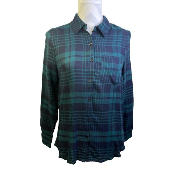 Papermoon Button Down Shirt  Small Blue Green  Plaid Rayon - Picture 1 of 7